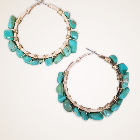 Hand Crafted Boho Turquoise Nugget Wire Wrapped Hoop Earrings - Picture 10 of 14